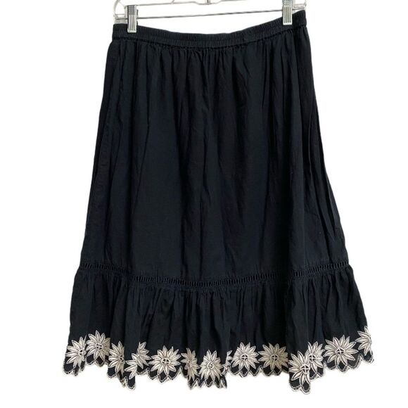 Charter Club Midi Black Skirt Size12P White Floral Embroidery Boho Hippie Emo - Picture 1 of 11